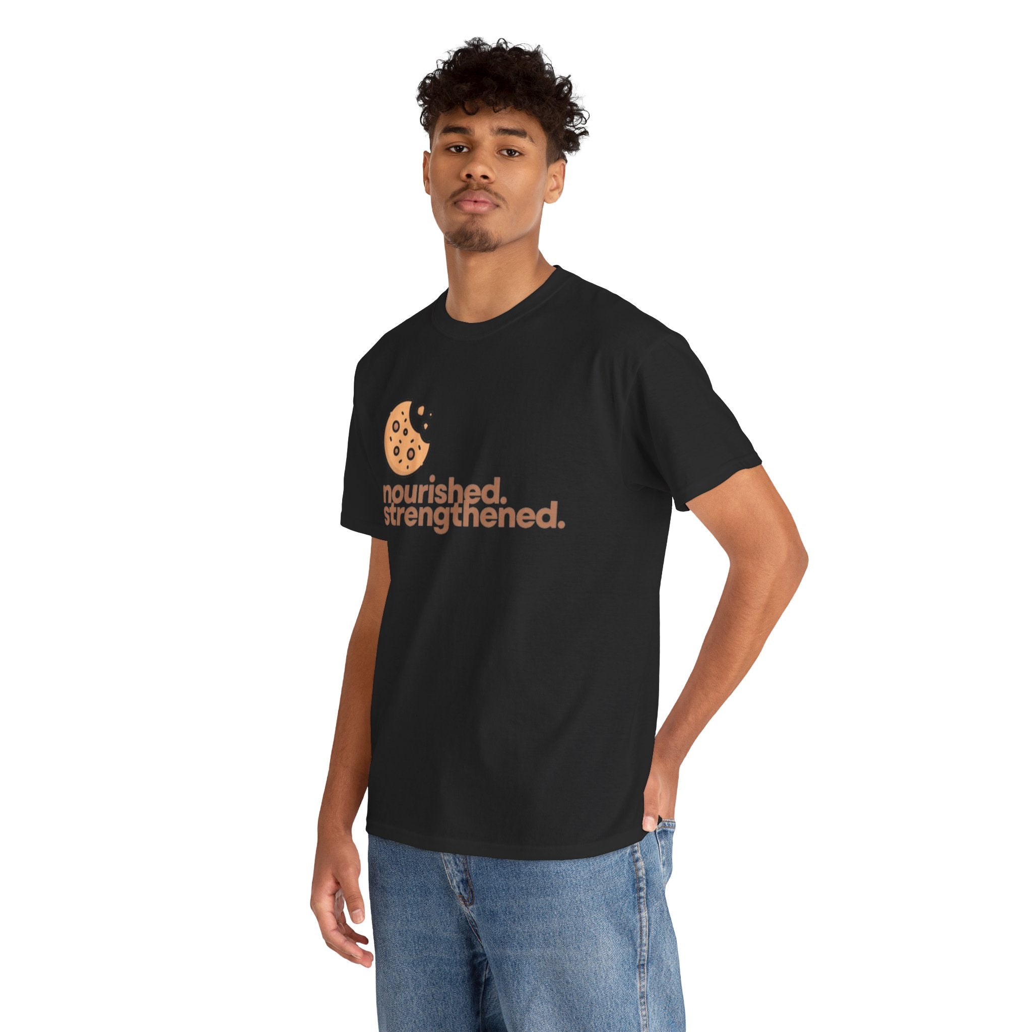 T-Shirt — "nourished. strengthened." Cookie Graphic Tee (Self-Care, Recovery)