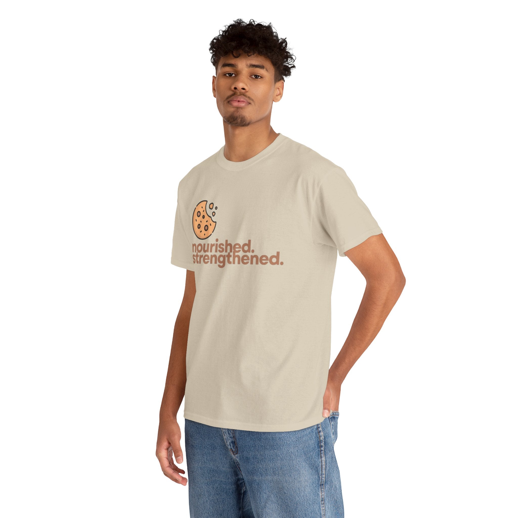 T-Shirt — "nourished. strengthened." Cookie Graphic Tee (Self-Care, Recovery)