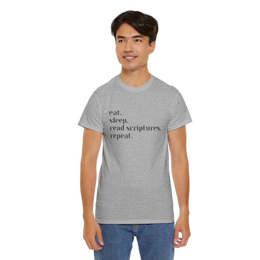 "eat. sleep. read scriptures. repeat." | Christian Faith T‑Shirt